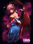  1girl animal_print ass bare_shoulders bat_print bat_wings blue_pantyhose bridal_gauntlets capcom demon_girl flat_chest from_behind head_wings highres kainan leotard lilith_aensland looking_at_viewer low_wings pantyhose print_pantyhose purple_hair red_eyes red_leotard shiny_skin short_hair solo standing vampire_(game) wings 