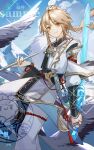  1boy absurdres bird blonde_hair blue_sky changmingsuo closed_mouth cloud day feet_out_of_frame highres holding holding_sword holding_weapon honkai:_star_rail honkai_(series) jewelry kotatsu_kaya long_sleeves looking_at_viewer male_focus outdoors ring sidelocks sky smile solo standing sword tassel weapon yanqing_(honkai:_star_rail) yellow_eyes 