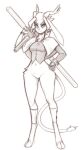 anthro antlers bottomless bottomless_anthro bottomless_female bovid caprine clothed clothing club_(weapon) digital_media_(artwork) dream_breaker_(pseudoregalia) eyebrows featureless_crotch female fur goat hair hi_res holding_melee_weapon holding_object holding_weapon hooves horn jackalope lagomorph legwear leporid mammal mantle melee_weapon nightstick pseudoregalia rabbit shirt simple_background solo sybil_(pseudoregalia) tail topwear twintails_(hairstyle) w4g4 weapon