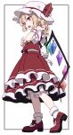  1girl absurdres blonde_hair crystal flandre_scarlet frilled_skirt frills full_body hair_between_eyes hat highres kame_(kamepan44231) long_hair mob_cap open_mouth red_eyes red_footwear red_skirt red_vest shirt shoes side_ponytail skirt socks solo touhou vest white_hat white_shirt white_socks wings 