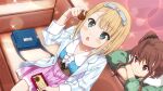  22/7 22/7_ongaku_no_jikan 2girls blonde_hair blue_bag blue_hairband blue_jacket blue_ribbon blue_shirt blush_stickers brown_eyes brown_hair brown_scrunchie chocolate closed_mouth couch food from_above game_cg green_eyes green_jacket hair_ribbon hairband highres holding holding_chocolate holding_food indoors jacket lens_flare long_sleeves looking_at_another looking_at_object multiple_girls non-web_source official_art on_couch open_mouth pink_skirt rabbit ribbon saito_nicole scrunchie shirt short_hair side_ponytail sitting skirt sparkle toda_jun upper_body valentine 