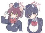  2girls animal_ears black_eyes black_hair black_hat blue_archive blush bow bowtie breasts brown_hair collared_shirt extra_ears gloves hair_between_eyes halo hat kaede_(blue_archive) kaede_(guide)_(blue_archive) large_breasts long_sleeves multiple_girls napenasupe official_alternate_costume open_mouth parted_lips red_bow red_bowtie red_halo shirt short_hair simple_background tour_guide tsubaki_(blue_archive) tsubaki_(guide)_(blue_archive) white_background white_gloves white_shirt yellow_eyes 