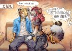  absurd_res akatan_art anthro bulge canid canine canis clothed clothing domestic_dog duo felid femboy fishnet_clothing flustered_male fur hair hand_on_leg hand_on_thigh hi_res male mammal orange_body orange_fur pantherine red_hair speech_bubble tail tail_coil tenting 