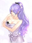  1girl bare_shoulders breasts camilla_(fire_emblem) camilla_(hostile_springs)_(fire_emblem) cleavage closed_mouth fire_emblem fire_emblem_fates fire_emblem_heroes hair_over_one_eye hair_ribbon helen_(helen2210hk) highres large_breasts long_hair naked_towel official_alternate_costume official_alternate_hairstyle ponytail purple_eyes purple_hair ribbon solo towel twitter_username very_long_hair white_ribbon 