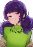  1girl absurdres blunt_bangs blush diagonal_bangs green_sweater grin highres idolmaster idolmaster_shiny_colors long_hair looking_at_viewer purple_eyes purple_hair ryo---ta sketch smile solo sweater tanaka_mamimi twintails upper_body 