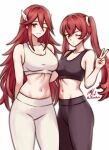  2girls ;) alternate_costume bare_shoulders black_pants black_sports_bra breasts closed_mouth commission cordelia_(fire_emblem) english_commentary feather_hair_ornament feathers fire_emblem fire_emblem_awakening hair_between_eyes hair_ornament highres looking_at_viewer mother_and_daughter multiple_girls navel one_eye_closed pants red_eyes red_hair rotomdocs severa_(fire_emblem) smile sports_bra sportswear twintails twitter_username v white_background white_pants white_sports_bra 