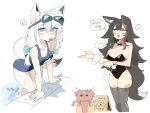  :3 absurdres ahoge alternate_costume animal_ear_fluff animal_ears aqua_eyes arm_under_breasts black_hair black_thighhighs blush bone_hair_ornament braid breasts cleavage cocomayo29_(tomato) commentary_request constricted_pupils detached_collar fang fox_ears fox_girl goggles goggles_on_head hair_ornament highres hololive inugami_korone inugami_korone_(dog) korean_commentary korean_text large_breasts long_hair looking_afar looking_at_viewer medium_breasts multicolored_hair ookami_mio playboy_bunny poolside red_hair school_swimsuit shirakami_fubuki side_braid simple_background streaked_hair sweat swimsuit tail thighhighs tongue tongue_out translation_request v-shaped_eyebrows wet white_background white_hair wolf_ears wolf_girl wolf_tail wrist_cuffs 