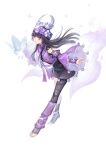  1girl barefoot black_hair bug butterfly changmingsuo detached_sleeves full_body hmong jianxia_qingyuan_(series) jianxia_qingyuan_online_3 kangetsu_(fhalei) long_hair looking_at_viewer miao_clothes purple_eyes purple_shirt shirt skirt solo toeless_legwear white_background 