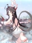  1girl ass black_hair black_horns black_tail blue_archive blush breasts closed_mouth completely_nude day demon_horns demon_tail hair_intakes halo highres horns kasumi_(blue_archive) long_hair looking_at_viewer looking_back nude onsen oozumi_03 outdoors partially_submerged red_halo simple_background small_breasts soles solo steam tail toes water yellow_eyes 
