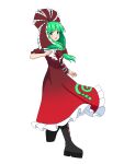  1girl absurdres arm_ribbon black_footwear boots bow dress frilled_bow frilled_dress frilled_ribbon frills front_ponytail full_body green_eyes green_hair hair_bow hair_ribbon highres kagiyama_hina looking_at_viewer red_bow red_ribbon ribbon simple_background solo tatsu_toyoyo touhou white_background 