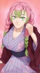  1girl a_chestnuthead braid breasts closed_mouth corrupted_twitter_file gradient_hair green_eyes green_hair highres jacket japanese_clothes kanroji_mitsuri kimetsu_no_yaiba kimono large_breasts long_hair long_sleeves mole mole_under_eye multicolored_hair pink_hair purple_kimono red_jacket smile solo twin_braids 