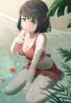  1girl :o alternate_costume beach bikini bikini_skirt black_hair blunt_bangs blunt_ends blush breasts cleavage collarbone commentary_request flower flower_knot full_body green_eyes hair_flower hair_ornament link!_like!_love_live! looking_at_viewer love_live! medium_breasts momose_ginko open_mouth orange_flower red_bikini sand satolive20 short_hair sitting_on_water solo swimsuit virtual_youtuber 