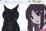 1girl animal ayu_mu00 azumanga_daioh black_cat black_choker black_eyes brown_hair cat choker commentary cross_hair_ornament english_commentary fang hair_ornament kasuga_ayumu long_hair looking_at_viewer microsoft_paint_(medium) microsoft_paint_(software) open_mouth portrait screenshot simple_background single_sidelock skin_fang solo twitter_username white_background