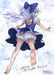  back_cutout barefoot bloomers blue_eyes blue_hair bow cirno dress flying from_behind hair_bow ice ice_wings looking_back open_mouth outstretched_arms sakurai_haruto short_hair signature solo spread_arms touhou underwear upskirt wings 