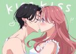  2girls black_hair blush closed_eyes ear_piercing green_background kiss long_hair multiple_girls original piercing red_hair reverse_trap short_hair upper_body yanqi_momota yuri 