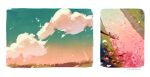  border borderless_panels cherry_blossoms cloud falling_petals field flower gradient_sky green_sky highres jauni_(tofublock) nature no_humans orange_sky original petals pink_flower pink_petals river scenery signature sky sparkle stream sun water white_border 