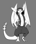 ambiguous_gender anthro big_ears black_and_white bottomwear clothing fizzpop gargoyle hands_on_hips hat headgear headwear hi_res ivy_(deadlock) monochrome overalls pants solo tail wings