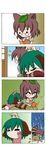  3girls 4koma =_= ^_^ absurdres animal_ears blonde_hair book brown_hair chibi chibi_on_head closed_eyes comic futatsuiwa_mamizou glasses gloom_(expression) green_hair hat highres kasodani_kyouko leaf leaf_on_head lily_white minigirl multiple_girls on_head pain person_on_head pince-nez raccoon_ears raccoon_tail rakugaki-biyori reading rubbing_eyes seiza shirt silent_comic sitting skirt sleeping smile tail tail_hug tanuki tears touhou trembling waking_up 