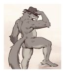  2024 ankle_tuft anthro arm_tuft belly biped black_claws border brown_clothing brown_hat brown_headwear butt canid canine canis claws clothing cowboy_hat ears_back elbow_tuft finger_claws fluffy fluffy_tail fur grey_body grey_fur hat hat_only hat_over_eyes headgear headgear_only headwear headwear_only hi_res holding_clothing holding_hat holding_headgear holding_headwear holding_object kingarthur_i leg_tuft male mammal mostly_nude mostly_nude_anthro mostly_nude_male muscular muscular_anthro muscular_male pivoted_ears plantigrade rear_view simple_background slightly_chubby slightly_chubby_anthro slightly_chubby_male smile solo step_pose tail tail_aside tan_background toe_claws tuft white_border wolf 