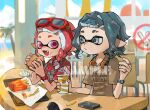  1boy 1girl blurry blurry_background brown_shirt burger closed_mouth collared_shirt commentary commission eyebrow_cut eyewear_on_head food food_on_face french_fries glasses grey_eyes grey_hair headphones headphones_around_neck highres holding holding_burger holding_food inkling inkling_boy inkling_girl inkling_player_character long_hair mcdonald&#039;s medium_hair miko_(15476997) open_mouth pink_eyes pointy_ears print_shirt red-framed_eyewear red_hair red_shirt sample_watermark shirt smile splatoon_(series) tentacle_hair watermark 