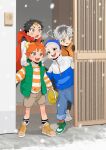  4boys annsmow black_gloves black_hair black_socks bokuto_koutarou brown_shorts bucket door full_body gloves green_footwear green_vest haikyuu!! highres hinata_shouyou holding holding_bucket hoshiumi_kourai jacket long_sleeves male_focus multicolored_clothes multicolored_hair multicolored_jacket multiple_boys nishinoya_yuu open_mouth opening_door orange_hair orange_jacket outdoors red_vest shoes shorts smile sneakers snow socks streaked_hair teeth two-tone_hair two-tone_jacket vest white_hair yellow_footwear 