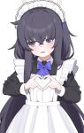  1girl apron black_hair blue_archive hair_between_eyes hair_ribbon halo head_tilt heart heart_hands highres long_hair looking_to_the_side maid maid_apron maid_headdress open_mouth purple_eyes purple_ribbon qusouzu_mogari ribbon sweat three_quarter_view ui_(blue_archive) 