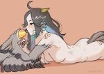  1girl absurdres ahoge animal_ears ass bandage_on_face bandages bandaid bandaid_on_shoulder bird_ears bird_tail black_hair blush borrowed_character bottle breasts commentary drinking english_commentary ev_v1l harpy highres holding holding_bottle leaf leaf_on_head lying messy_hair monster_girl nipples nude on_stomach orange_eyes original small_breasts solo tail winged_arms wings 