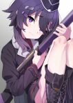  blue_archive boots closed_mouth garrison_cap gun hair_between_eyes hair_ornament hairclip haruka_(blue_archive) hat head_tilt highres holding holding_gun holding_weapon jacket military_jacket purple_eyes purple_hair rifle sitting sunebu_(snake_boo2) sweatdrop weapon 