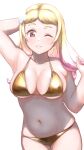  1girl absurdres arm_behind_head arm_up armpits bare_arms bare_shoulders bikini blonde_hair blush breasts cleavage collarbone cowboy_shot flower gjawefkg gold_bikini gradient_hair grin hair_flower hair_ornament halterneck hand_up highres large_breasts long_hair looking_at_viewer love_live! love_live!_superstar!! multicolored_hair navel one_eye_closed onitsuka_natsumi parted_lips pink_hair red_eyes simple_background smile solo stomach string_bikini swimsuit thick_eyebrows two-tone_hair white_background white_flower 