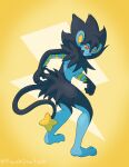 anthro black_body black_fur black_hair black_tail blue_body blue_fur blue_skin felid feline female flashquatsch fur generation_4_pokemon hair hi_res humanoid lightning_bolt luxray mammal nintendo pokemon pokemon_(species) red_nose red_sclera simple_background solo striped_arms tail tuft yellow_background yellow_eyes yellow_tuft