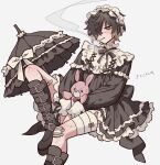  1boy bad_id bad_pixiv_id bandaged_leg bandages belt_boots black_dress black_footwear black_hair black_ribbon black_umbrella blonde_hair boots cigarette collared_dress crossdressing dress foot_out_of_frame frilled_dress frilled_umbrella frills gauze_on_knee hair_over_one_eye hairband highres holding holding_stuffed_toy knee_boots knee_up lolita_hairband long_sleeves male_focus meremero mouth_hold multicolored_hair neck_ribbon ribbon scar scar_on_face scratches short_hair sitting slow_damage smoke smoking solo stuffed_animal stuffed_rabbit stuffed_toy towa_(slow_damage) umbrella yellow_eyes 