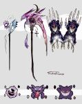 ^_^ absurdres cane chain claw_(weapon) closed_eyes color_guide cross dated evolutionary_line gastly gengar grey_background grin haunter highres no_humans objectification pokemon pokemon_(creature) purple_theme scythe signature smile sukepmonster tongue tongue_out weapon weapon_focus 