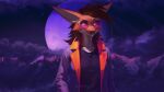 anthro black_clothing black_shirt black_t-shirt black_topwear brown_hair canid canine clothed clothing cloud detailed_background eyewear female fox fur glasses hair half-length_portrait hi_res jacket jewelry long_ears looking_at_viewer mammal moon mountain multicolored_clothing multicolored_jacket multicolored_topwear necklace orange_body orange_ears orange_fur out-of-placers pendant portrait pupils shirt slit_pupils solo t-shirt tinted_glasses topwear x-rom yellow_sclera yinglet