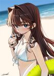  1girl beach bikini blue_eyes blue_sky blush bracelet breasts brown_hair elisia_valfelto hair_intakes highres horizon innertube jewelry long_hair looking_at_viewer luicent necklace original outdoors sky small_breasts solo swim_ring swimsuit upper_body water white_bikini 