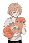  1boy baby_carry blue_eyes carrying fluffy grey_hoodie hair_between_eyes hand_up highres hood hood_down hoodie long_sleeves looking_at_animal multiple_tails newo_(shinra-p) orange_hair original pokemon pokemon_(creature) simple_background tail upper_body vulpix white_background 