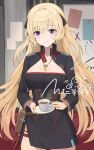  1girl absurdres artist_name blonde_hair breasts closed_mouth coffee coffee_mug cowboy_shot cross cross_necklace cup g3_(girls&#039;_frontline) girls&#039;_frontline hair_ornament highres holding holding_cup jewelry long_hair long_sleeves mug necklace purple_eyes signature simobulanka smile solo 