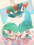  blush blush_lines bodily_fluids duo embarrassed female gallade game_freak gardevoir generation_3_pokemon generation_4_pokemon green_body hair hands_behind_back hug humanoid male male/female nintendo pokemon pokemon_(species) red_eyes sweat teal_hair unknown_artist 