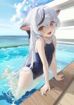  1girl :d absurdres animal_ears bare_arms bare_legs bare_shoulders black_hair black_one-piece_swimsuit blue_archive blue_halo breasts day grey_hair hair_between_eyes halo highres kokona_(blue_archive) long_hair looking_at_viewer multicolored_hair one-piece_swimsuit open_mouth orange_eyes outdoors pepperdevil small_breasts smile solo streaked_hair swimsuit tiger_ears water wet wet_clothes wet_swimsuit 