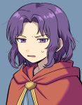  1boy bags_under_eyes blue_background cape disgust erk_(fire_emblem) fire_emblem fire_emblem:_the_blazing_blade looking_at_viewer male_focus numae_kaeru open_mouth purple_eyes purple_hair red_cape short_hair simple_background solo sweatdrop upper_body 