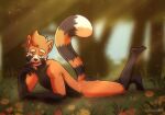 ailurid anthro bedroom_eyes butt detailed_background digital_media_(artwork) flower forest forest_background fur glare grin hair half-closed_eyes hi_res looking_at_viewer male mammal mars_(solarlewds) multicolored_body multicolored_fur narrowed_eyes nature nature_background nude orange_body orange_eyes orange_fur outside plant red_panda seductive smile solarlewds solo tail teeth tree two_tone_body two_tone_fur white_body white_fur