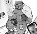  2024 anthro balls bear belly blush bodily_fluids cellphone clothed clothing cum electronics erection exclamation_point genital_fluids genitals hi_res humanoid_hands kemono male mammal moobs navel nipples open_clothing open_shirt open_topwear overweight overweight_male penis phone shirt sitting smartphone solo surprised toilet topwear ujishiyo 