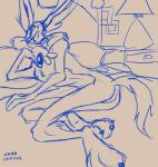  3_toes 4_fingers anthro arched_foot arched_soles arm_tuft athletic bed bed_sheet bedding bedroom_eyes bent_legs biped black_eyes black_nose blue_and_white blue_lines butt calf_tuft canid canine canis chest_tuft claws coyote curling_tail detailed digital_drawing_(artwork) digital_media_(artwork) ears_outwards elbow_on_furniture elbow_tuft feet fingers furniture grin grinning_at_viewer half-closed_eyes hand_on_bed handstand humanoid_hands knee_tuft knees_bent lamp leg_tuft line_art looking_at_viewer looking_back looking_back_at_viewer looney_tunes lying male mammal monochrome narrowed_eyes nightstand nude on_bed on_elbow on_one_hand on_side paws pecs pillow pinup pivoted_ears plantigrade pose rear_view ribs seductive sepia shoulder_tuft sketch skinny smile smiling_at_viewer smirk smirking_at_viewer smug smug_expression smug_eyes smug_face smug_grin solo stevethedragon tail toe_claws toes tuft vein warner_brothers wile_e._coyote 