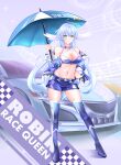  1girl absurdres alternate_costume bare_shoulders blue_footwear blue_hair blue_umbrella boots breasts character_name choker cleavage commentary_request copyright_name crop_top green_eyes halo head_wings highres holding holding_umbrella honkai:_star_rail honkai_(series) large_breasts long_hair looking_at_viewer midriff miniskirt navel off_shoulder pencil_skirt purple_choker purple_skirt robin_(honkai:_star_rail) sefilom skirt smile solo spaghetti_strap stomach thigh_boots umbrella very_long_hair wings zettai_ryouiki 