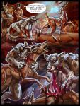  anthro blood bodily_fluids cougar deer eating_flesh english_text felid feline female female/female feral gore hi_res human lion male male/male mammal misty_morning nude pantherine text transformation 