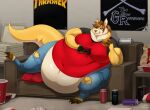  2023 anthro belly big_belly big_moobs biglovealicia bottomwear brown_hair burger cel_shading cheek_bulge clothed clothing controller deep_navel detailed_background digitigrade eating food fully_clothed fur furniture hair hi_res huge_belly kangaroo macropod male mammal marsupial moobs morbidly_obese morbidly_obese_male navel obese obese_male overweight overweight_male pants pear-shaped_figure shaded signature sofa solo tail thick_arms thick_thighs torn_bottomwear torn_clothing torn_pants wide_hips yellow_body yellow_fur 