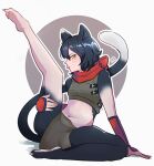  1girl animal_ears ararartti arm_support armor artist_name bare_legs bare_shoulders barefoot black_hair body_fur brown_skirt cat_ears cat_girl cat_tail crop_top dungeon_meshi english_commentary fingernails flexible full_body highres izutsumi leather_armor leg_lift looking_at_viewer midriff mismatched_animal_ear_colors navel outline profile red_scarf scarf sharp_fingernails sharp_toenails shoe_soles short_hair sideways_glance sitting skirt sleeveless slit_pupils solo tail tail_raised toenails toes tongue tongue_out white_background white_outline yellow_eyes 