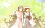  2girls bag black_dress black_hair brown_eyes brown_hair closed_eyes dress hagiwara_yukiho hat highres holding holding_hands holding_phone idolmaster idolmaster_(classic) kikuchi_makoto leaf looking_at_viewer looking_to_the_side multiple_girls open_mouth outdoors phone pink_dress road_sign shirt short_hair sign smile straw_hat tote_bag tree v visor_cap white_shirt yumi_xsh 