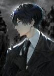  1boy black_coat black_necktie black_suit blue_eyes blue_hair closed_mouth coat earrings from_side hair_between_eyes highres jewelry makura_wet male_focus monochrome_background necktie original rain short_hair signature solo suit twitter_username upper_body 