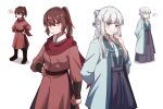  2girls bai_yuxiu blush brown_eyes brown_hair chinese_clothes duijin_ruqun feng_ling&#039;er fengling_yuxiu grey_hair hanfu heart long_hair multiple_girls ponytail purple_eyes scarf shane-f simple_background smile spoken_heart white_background white_hair yuri 