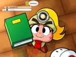  1girl artist_name ascot blonde_hair blush_stickers book english_text fang full_body gloves goomba goombella highres holding holding_book linker long_hair looking_at_viewer mario mario_(series) menu mining_helmet paper_mario paper_mario:_the_thousand_year_door red_ascot reflection shadow shine_sprite smile solo_focus sparkle white_gloves 